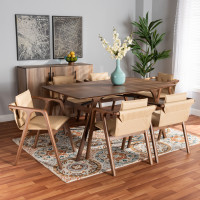 Baxton Studio RDC828-BeigeWalnut-7PC Dining Set Baxton Studio Marcena Mid-Century Modern Beige Imitation Leather Upholstered and Walnut Brown Finished Wood